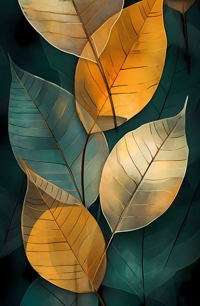 Green and orange leaves on a dark background by Steinfox Art