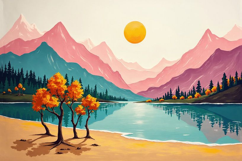 Landschap van meer en bergen met herfstbomen van Markus Gann