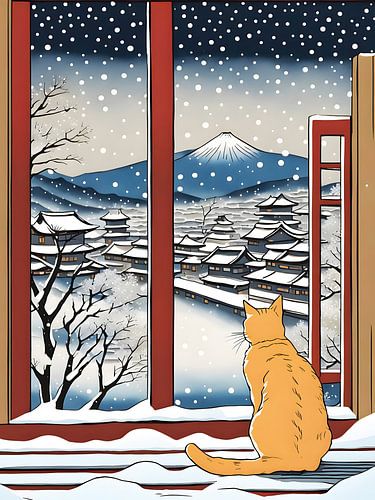 Red tomcat looks through window