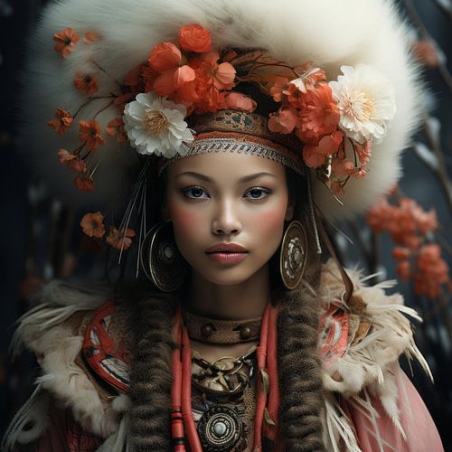 Modern portret van een jonge vrouw in traditionele kleding met een moderne touch