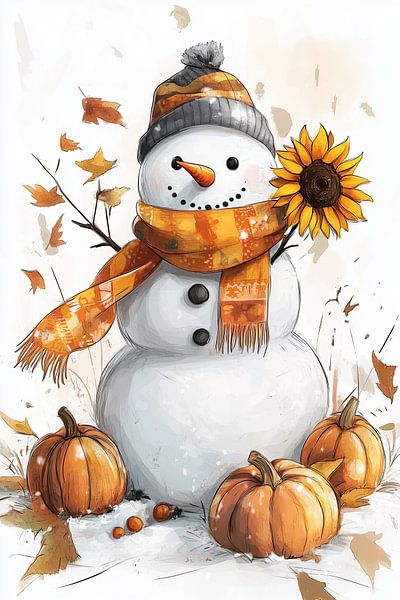 Sneeuwpop in de winter met herfst vibes van Mel Digital Art