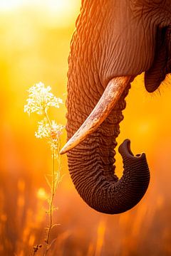Olifant in de zonsondergang met bloem van Poster Art Shop