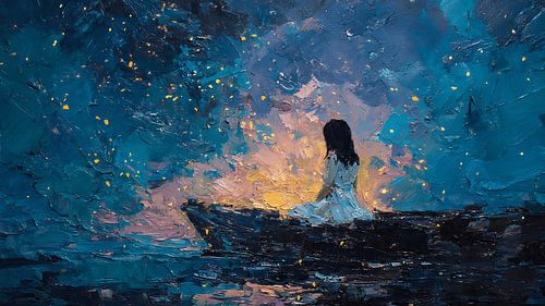 Floating Boat Girl Under Falling Stars