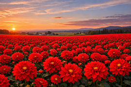 Een bloeiend rood dahlia-veld in de warme zonsondergang als landschapsschilderij van ButterflyPix