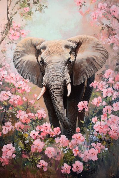 Olifant in een zee van bloemen van Poster Art Shop