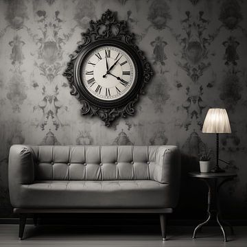 alte Vintage-Wanduhr an der Wand mit Retro-Tapete und Couch , monochrom