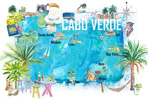 Cabo Verde Illustrierte Insel-Reisekarte mit touristischen Highlights
