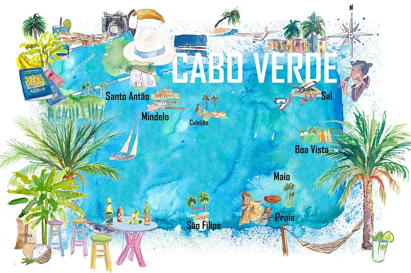 Cabo Verde geïllustreerde eiland reiskaart met toeristische hoogtepunten van Markus Bleichner