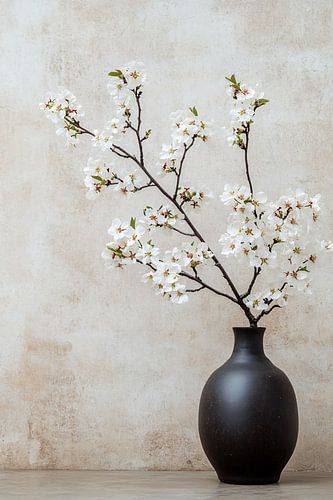 Witte bloesemtakken in donkere vaas