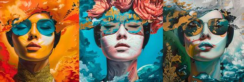 Aziatische drieluik-panorama schildert een prachtig tafereel met drie kuntzinnige vrouwen Panorama