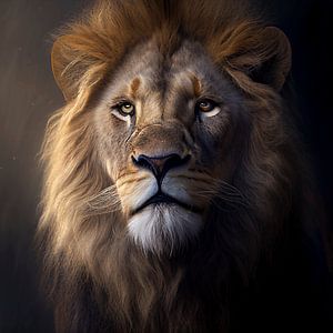 Lion portrait with dark background by Harvey Hicks