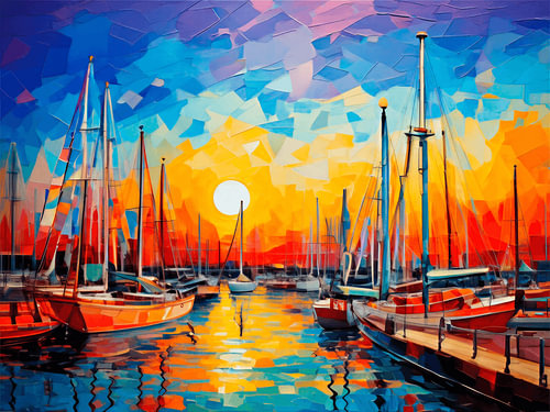 Modern abstract: Kleurrijke zeilboten in de haven tijdens zonsondergang