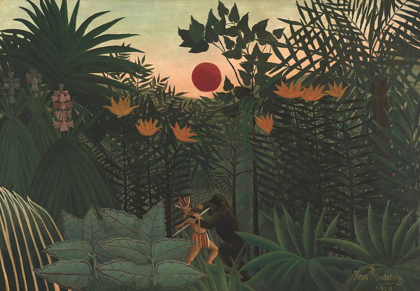 Tropisch landschap: Amerikaanse indiaanse worsteling met een gorilla, Henri Rousseau van Meesterlijcke Meesters