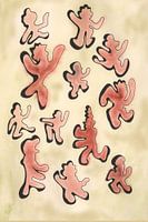 bruin 9 aquarel van vrolijk dansende figuurtjes in line-art stijl