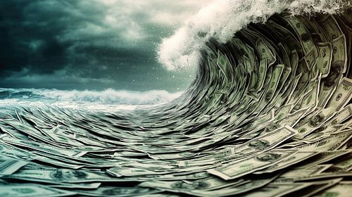 Wave of banknotes in the storm