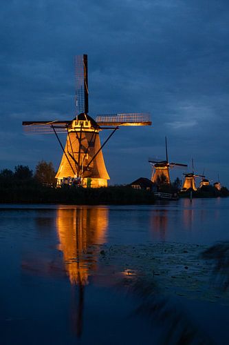 Illuminated windmills Kinderdijk.