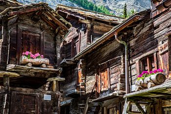 Historic Wooden Charlets with Geraniums in Zermatt