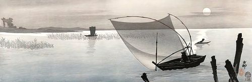 Vissersboten bij volle maan door Ohara Koson.  Japans schilderij. van Dina Dankers