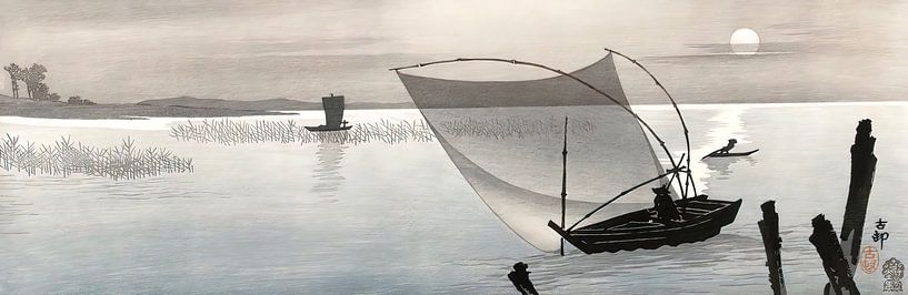 Bateaux de pêche à la pleine lune par Ohara Koson.  Peinture japonaise. par Dina Dankers