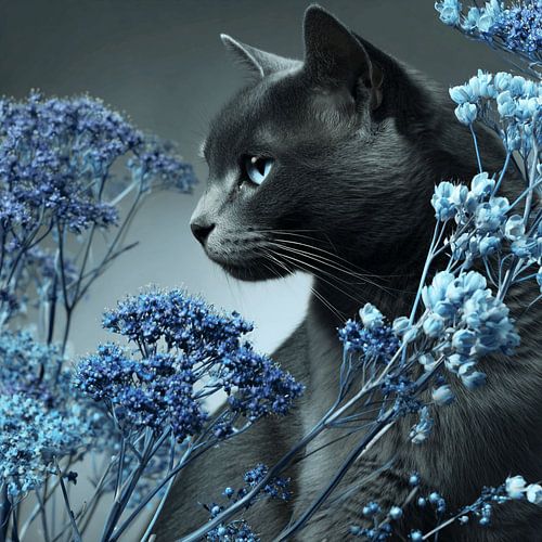 Nachtbloemen | Mysterieus Kattenportret in Diepblauw en Staalgijs