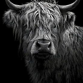 Black and white Scottish highlander portrait with strong texture and deep contrasts by But First Framing