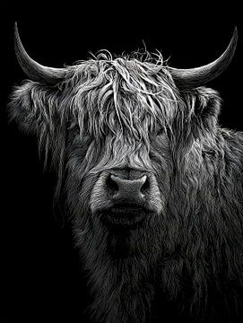 Black and white Scottish highlander portrait with strong texture and deep contrasts