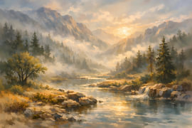 Schilderachtige bergrivier in de ochtendmist – aquarellandschap met bergen van ButterflyPix