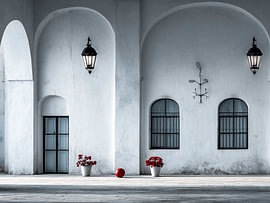 Red Ball Beneath White Arches by KRAB
