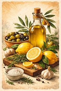 Mediterranean Lemon Kitchen Wall Art – Olive Oil Still Life