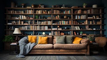 Living room with book library and couch by Animaflora PicsStock