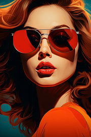 Popart vrouw met rode pilotenbril op teal van Steinfox Art