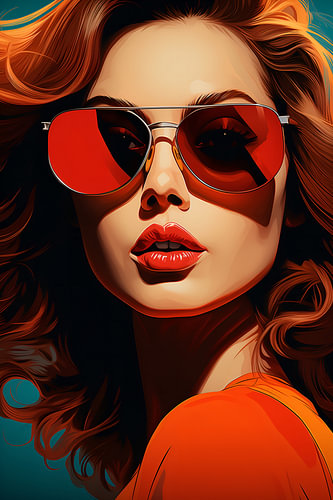 Pop-Art-Frau mit roter Pilotenbrille auf türkisfarbenem Hintergrund