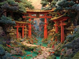 fiktive traditionelle japanische Kunst mit Torii-Bögen