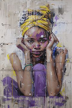 Realistisch schilderij van een Afrikaanse vrouw van De Muurdecoratie