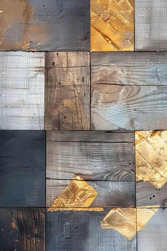 Digitaal muurschilderij in vierkante vormen van hout en goud