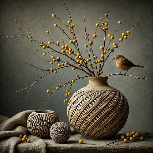 Gouden Bezoeker – landelijk stilleven met vogel en gele bessen