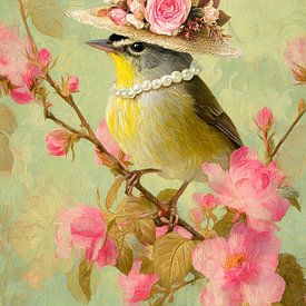 Vogel mit Blumenhut und Perlenkette im zarten Frühlingsstil von But First Framing