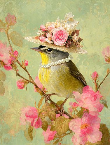 Vogel mit Blumenhut und Perlenkette im zarten Frühlingsstil von But First Framing