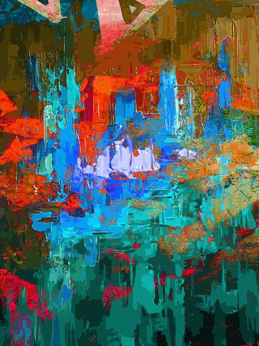 Modern, Abstract Digitaal Kunstwerk in Blauw, Oranje