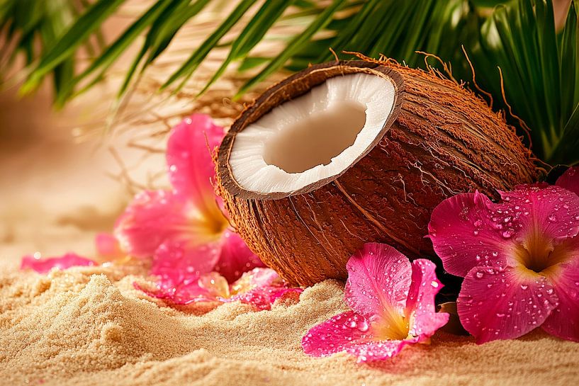 Kokosnuss mit Blüten am Strand von Poster Art Shop