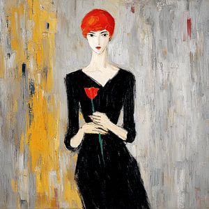 Rothaarige Dame mit einer roten Tulpe