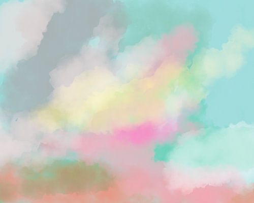 Kleurrijk modern abstract aquarel schilderij in mint, blauw, geel, roze