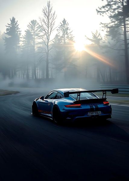 Porsche 911 GT3 RS bleu dans un lever de soleil brumeux par MIROKKU