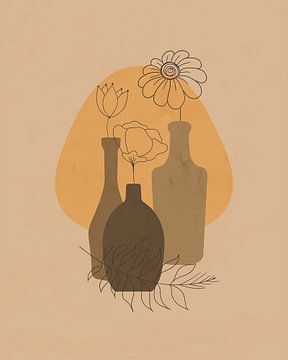 Illustration eines Stillebens mit drei Blumen in drei Flaschen