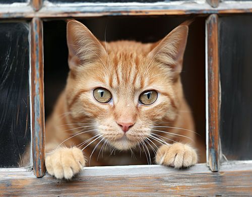 poes kijkt door het raam