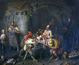 Die sieben Schwaben in der Schmiede beim Prüfen ihres Spießes, PETER BAUMGARTNER, 1866