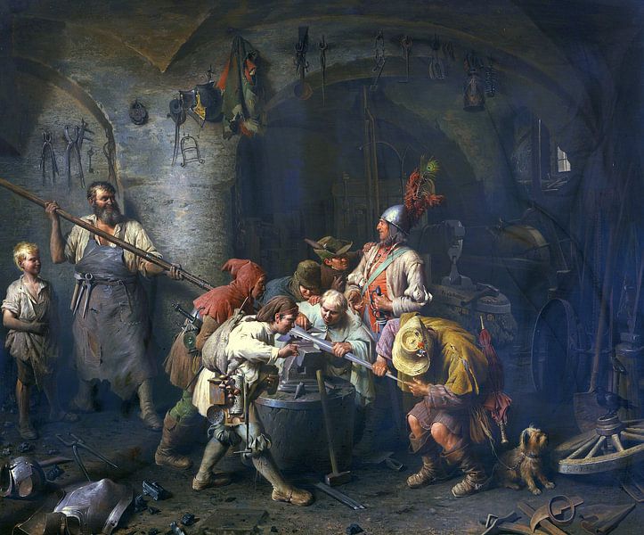 De zeven Zwaben in de smidse die hun spit controleren, PETER BAUMGARTNER, 1866 van Atelier Liesjes