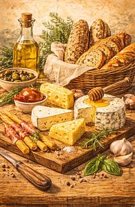 Rustic Mediterranean Kitchen Wall Art – Cheese Board Still Life