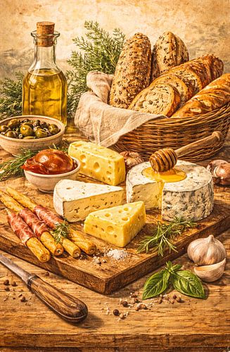 Rustieke mediterrane keukenwanddecoratie – Kaasplank stilleven