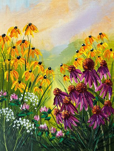 Levendig impasto-olieverfschilderij van paarse zonnehoed en zwartogige susans